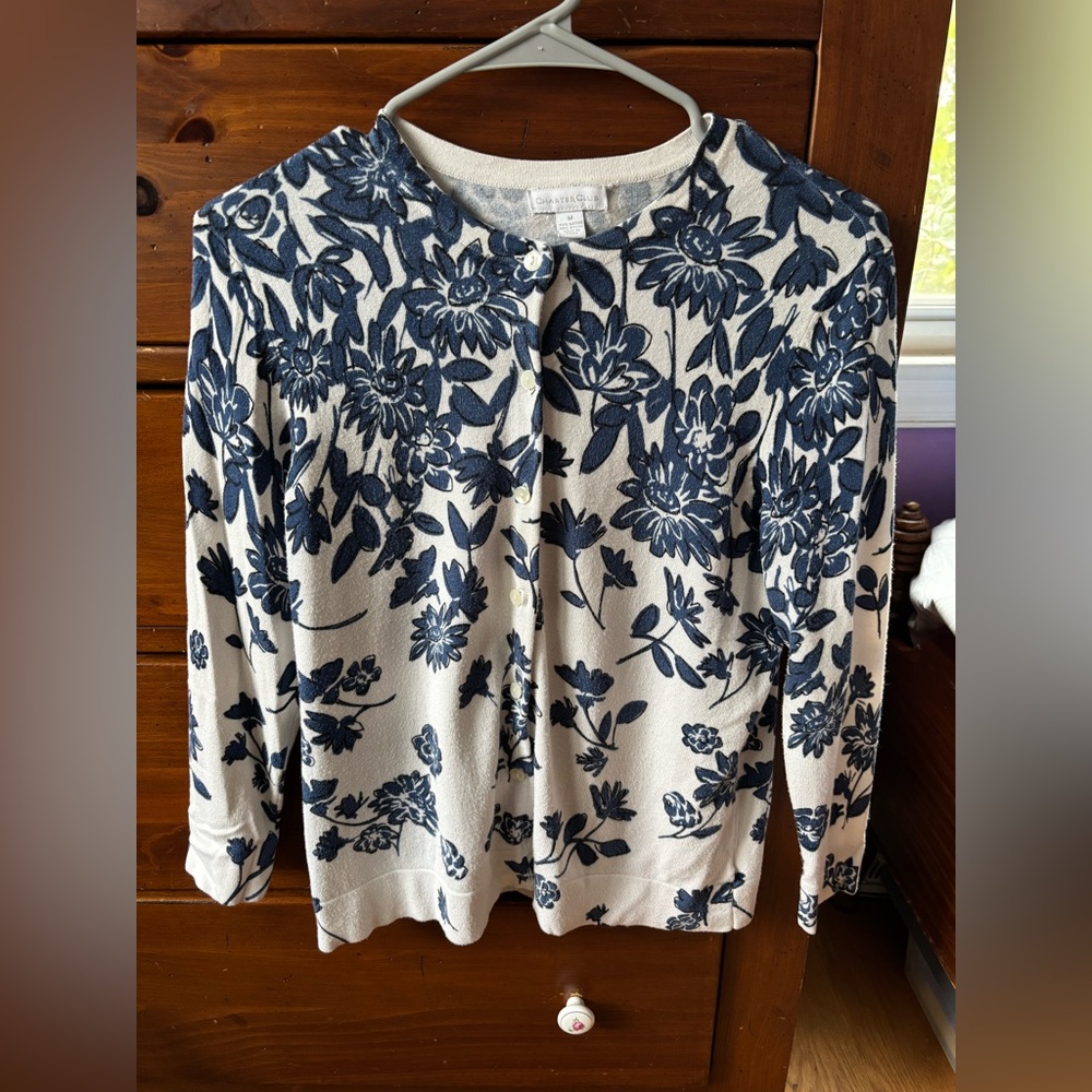 Charter Club Floral Print Women's Button Up Cardigan - Blue and White, size M